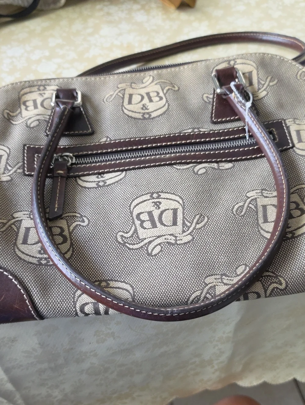DB Patterned Canvas Satchel with Brown Leather Trim